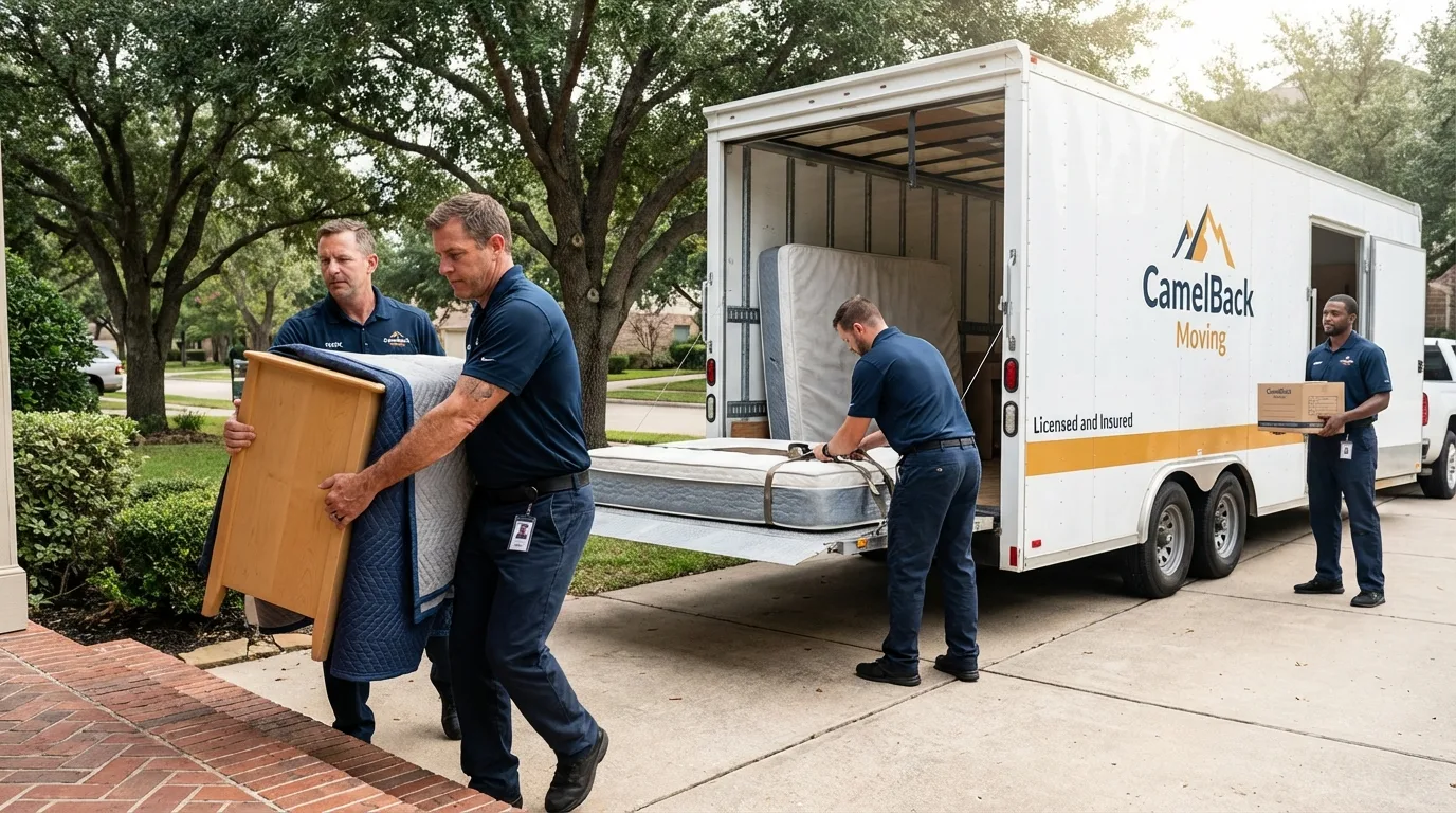 Crew loading residential truck for cross-state move from Cooperstown, ND