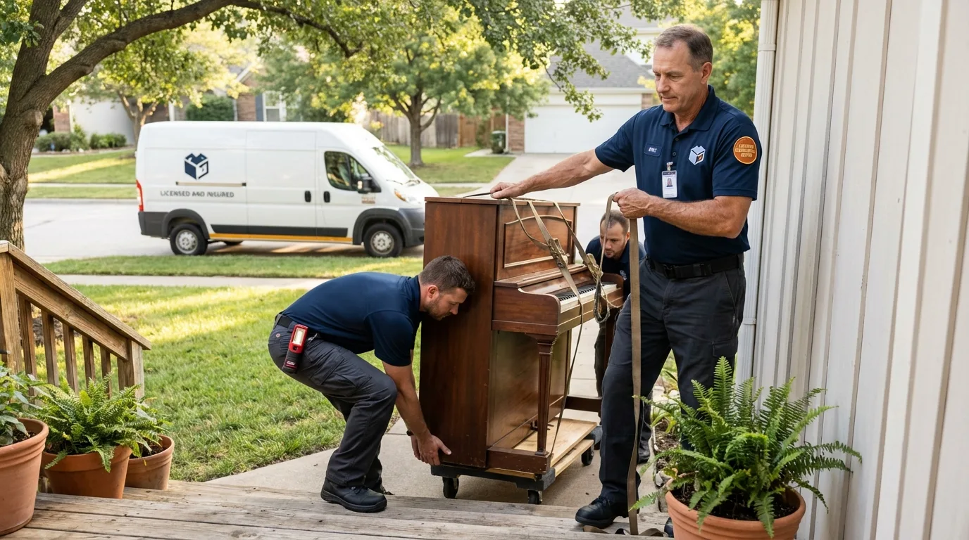 Licensed piano movers securing grand piano in Cooperstown, ND