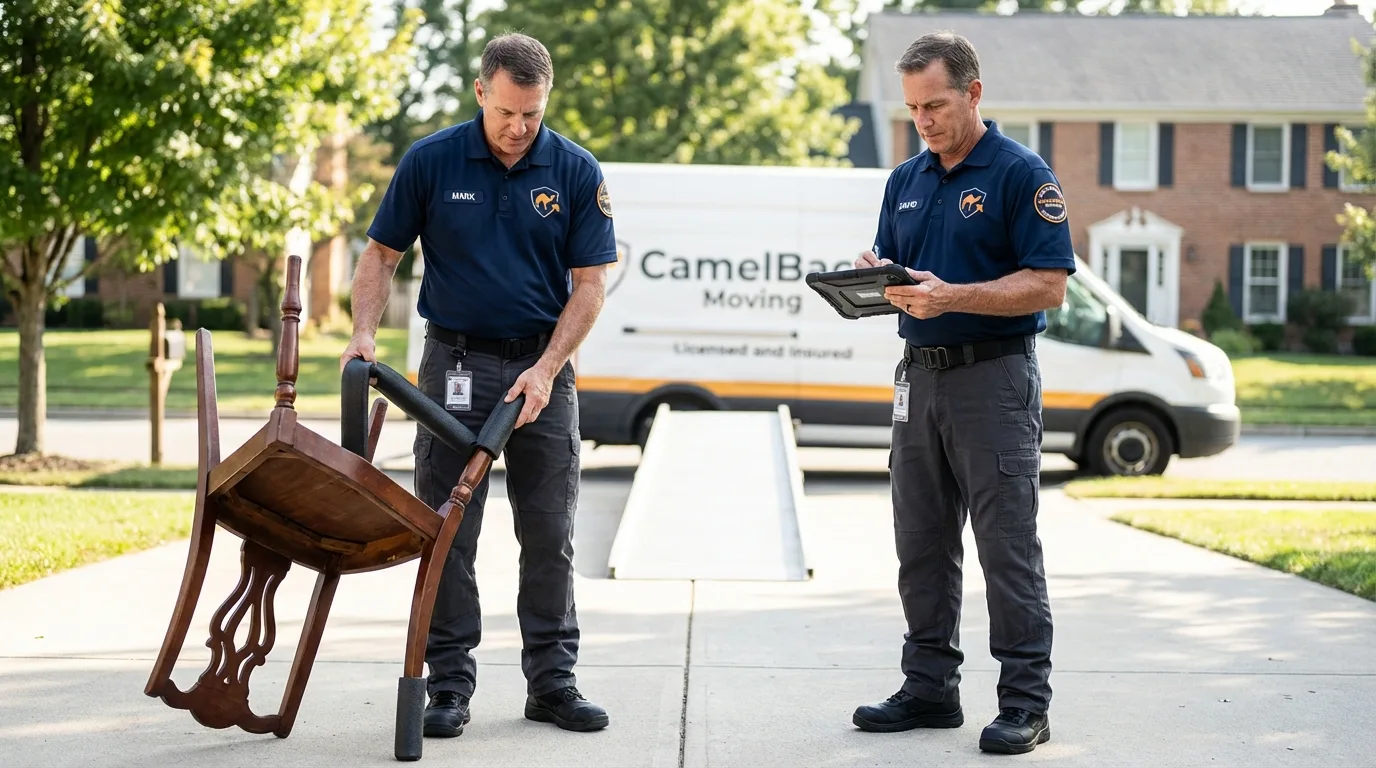 Movers inspecting furniture for damage prevention before loading in Cooperstown, ND