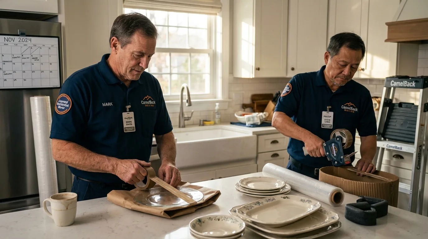 Professional crew packing kitchen dishware in Cooperstown, ND